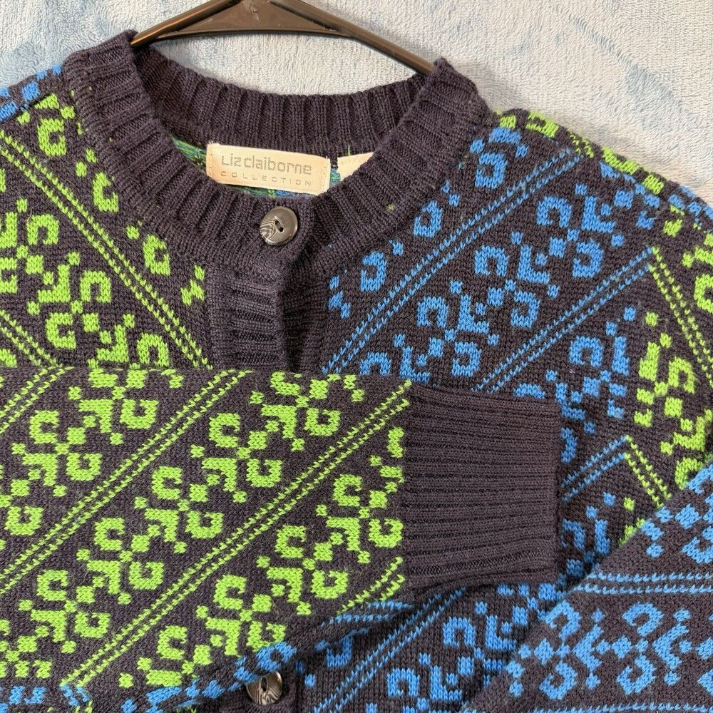 Vintage 80s Liz Claiborne Merino Wool Geometric Cardigan Sweater M Eclectic